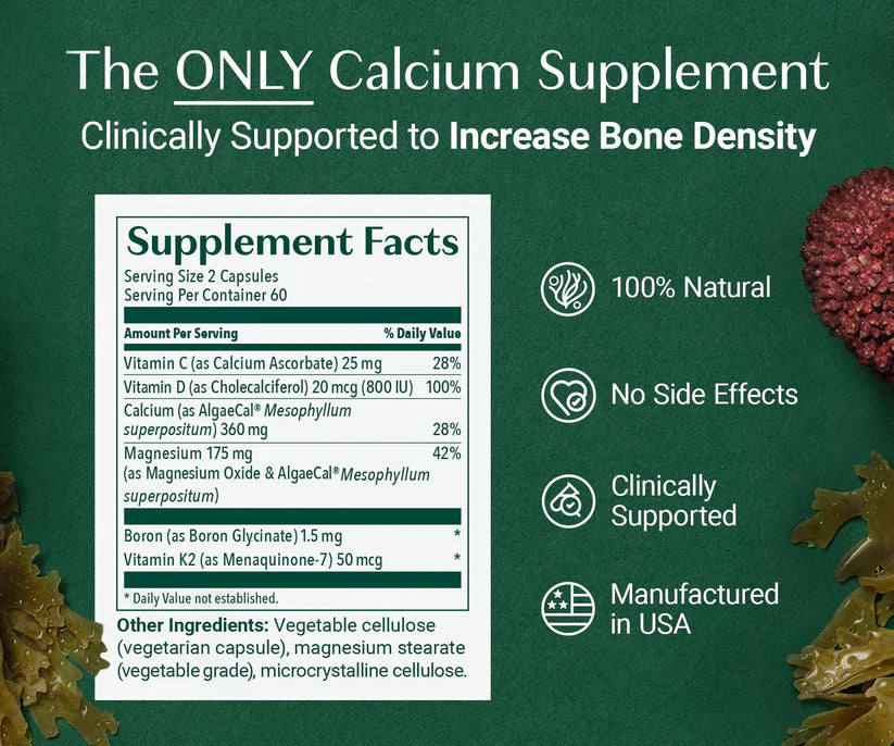 AlgaeCal Plus Organic Red Algae Calcium Supplement – Plant-Based Calcium with Vitamin K2 (MK-7), Vitamin D3 & Magnesium – Bone Density & Osteoporosis Support