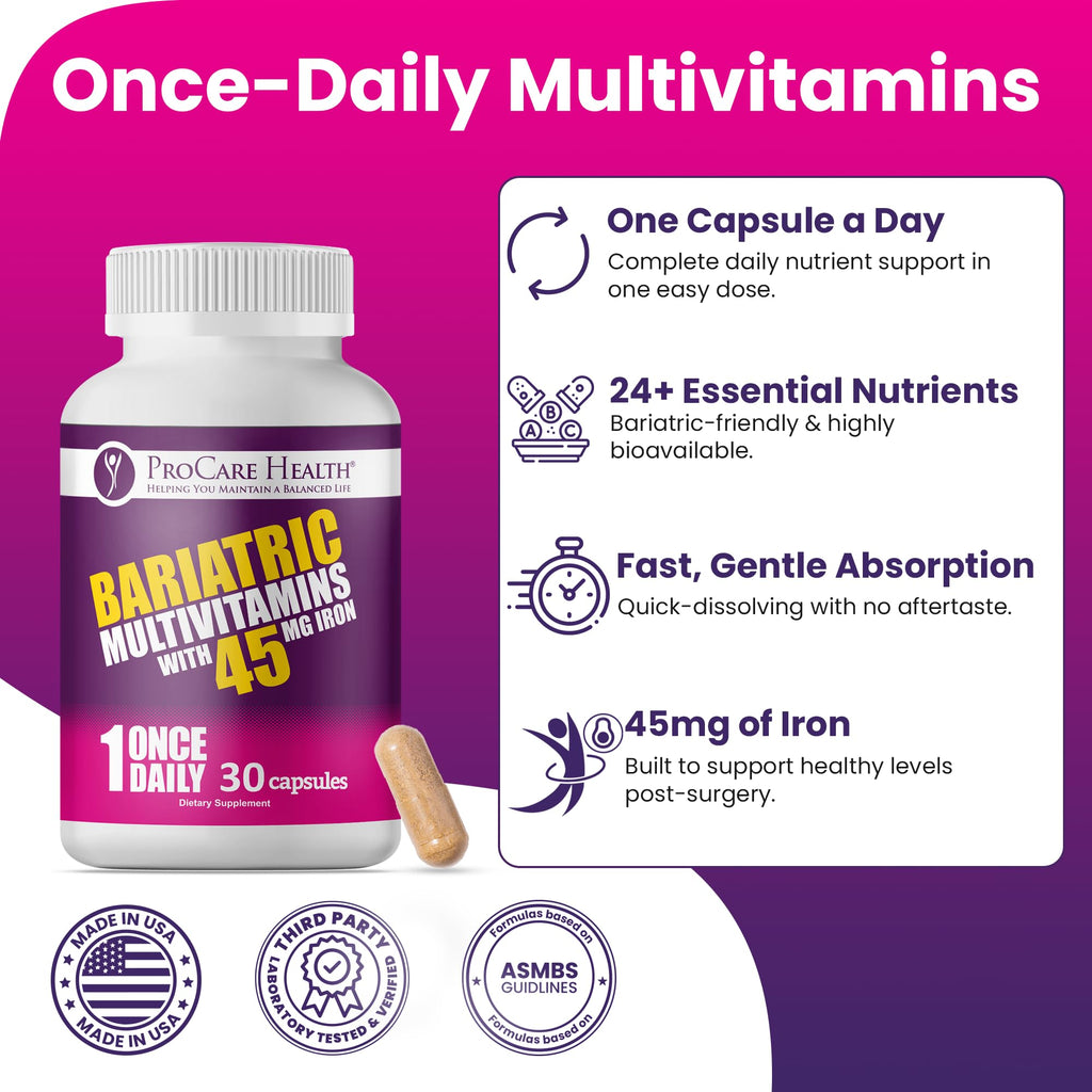 ProCare Health Bariatric Multivitamin 45mg Iron – Once Daily Capsule for Gastric Bypass, Sleeve & Post-Op Support – 90 Easy-to-Swallow Capsules, 3-Month Supply, No Artificial Colors, Gluten-Free